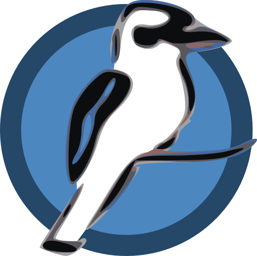 Mi logotipo, un dibujo de un kookaburra sobre un círculo azul con fondo azul más claro
