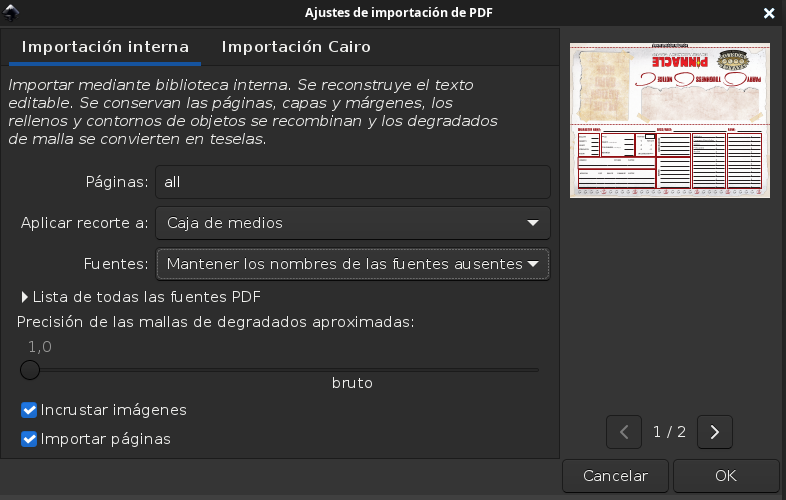 Cuadro de importación de PDFs de Inkscape